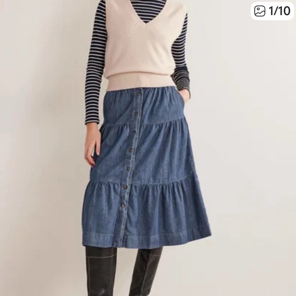 Boden Denim Blue Button-Down Midi Skirt